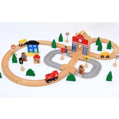 50pcs Hand Crafted Wooden Train Set Loop Railway Track Magnetic Car Model Kids Car Toy Gift