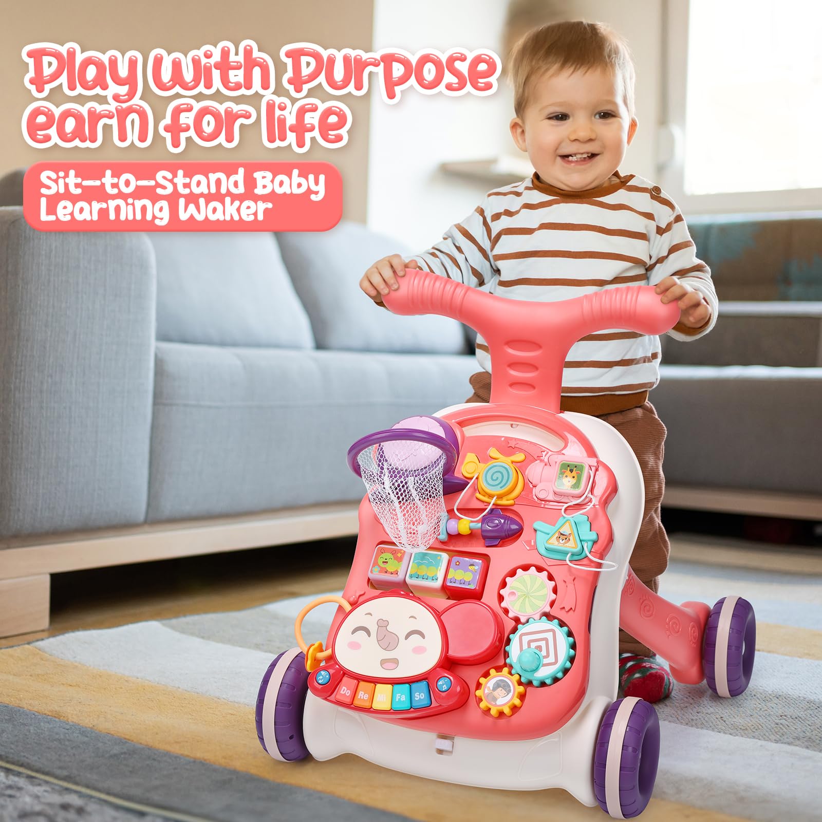 CUTE STONE Baby Walker for Boys Girls, 2 in 1 Sit-to-Stand Learning Walker and Activity Center, Baby Walking Toy, Early Learning Push Toy Gift for Infant
