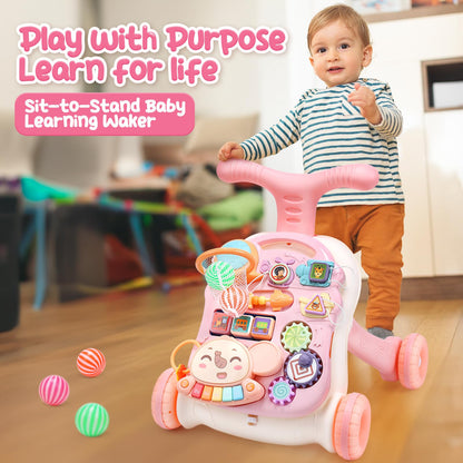 CUTE STONE Baby Walker for Girls, 2 in 1 Sit to Stand Learning Walker and Activity Center, Learning to Walk, Early Push Walking Toys for Toddler Infant