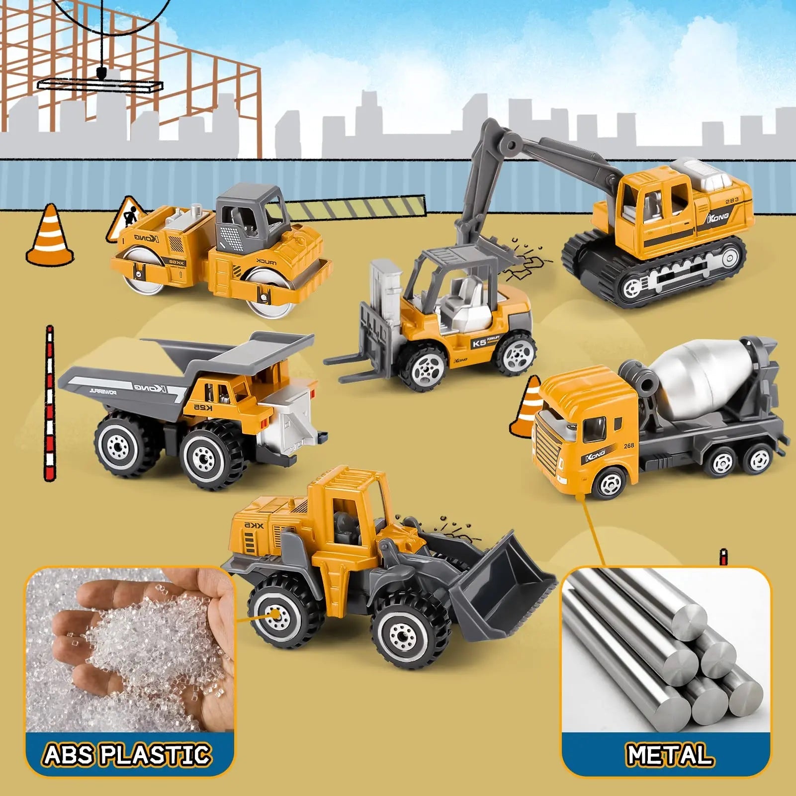 6-Pack Diecast Construction Trucks for Kids Ages 3+