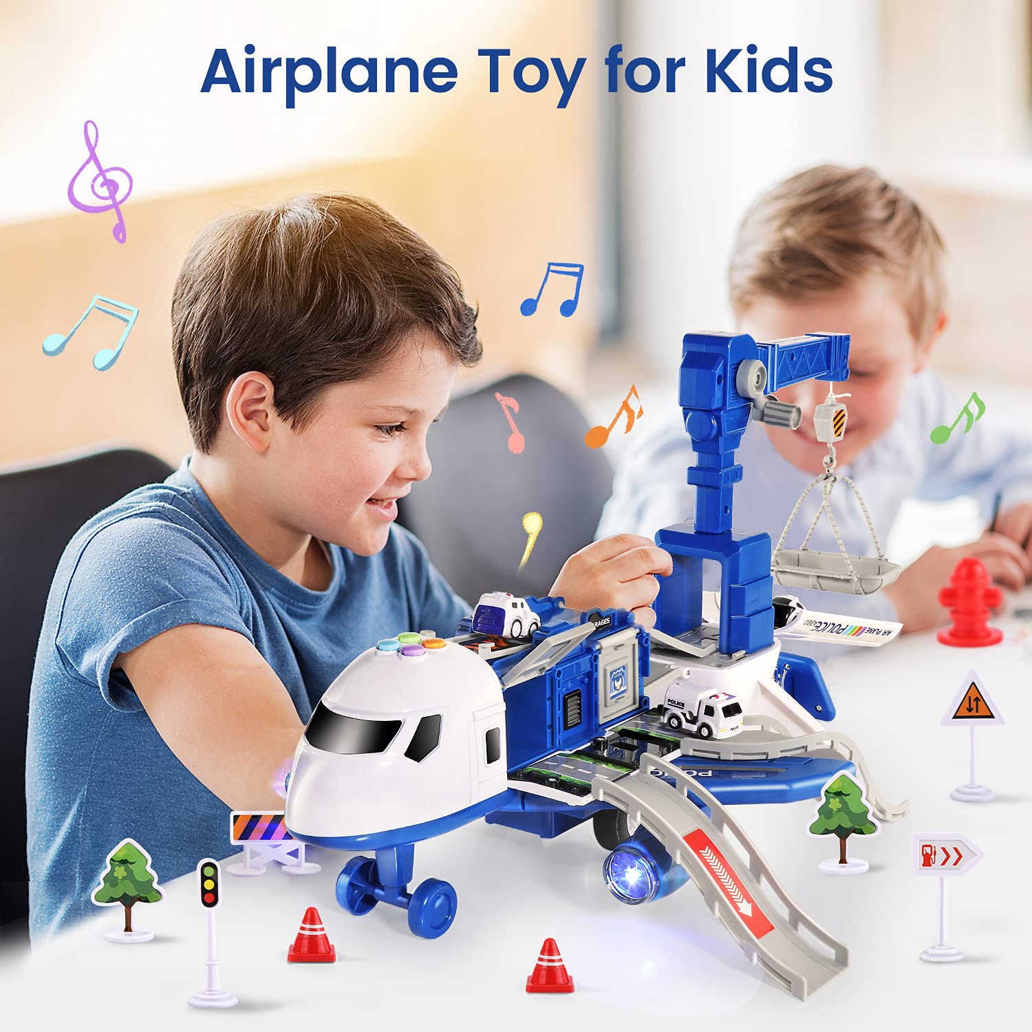 CUTE STONE Toy Aircraft, Transport Cargo Airplane with Music & Light, Airplane Car Play Set & Vehicle Toy, Construction Toy Accessories for 3+ Boys & Girls