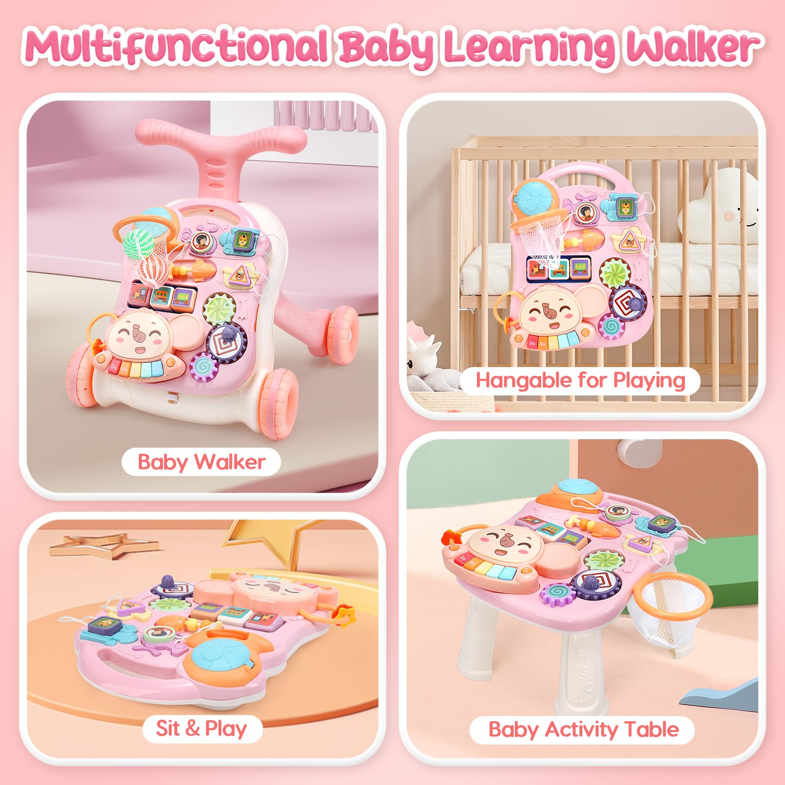 CUTE STONE Baby Walker for Girls, 2 in 1 Sit to Stand Learning Walker and Activity Center, Learning to Walk, Early Push Walking Toys for Toddler Infant
