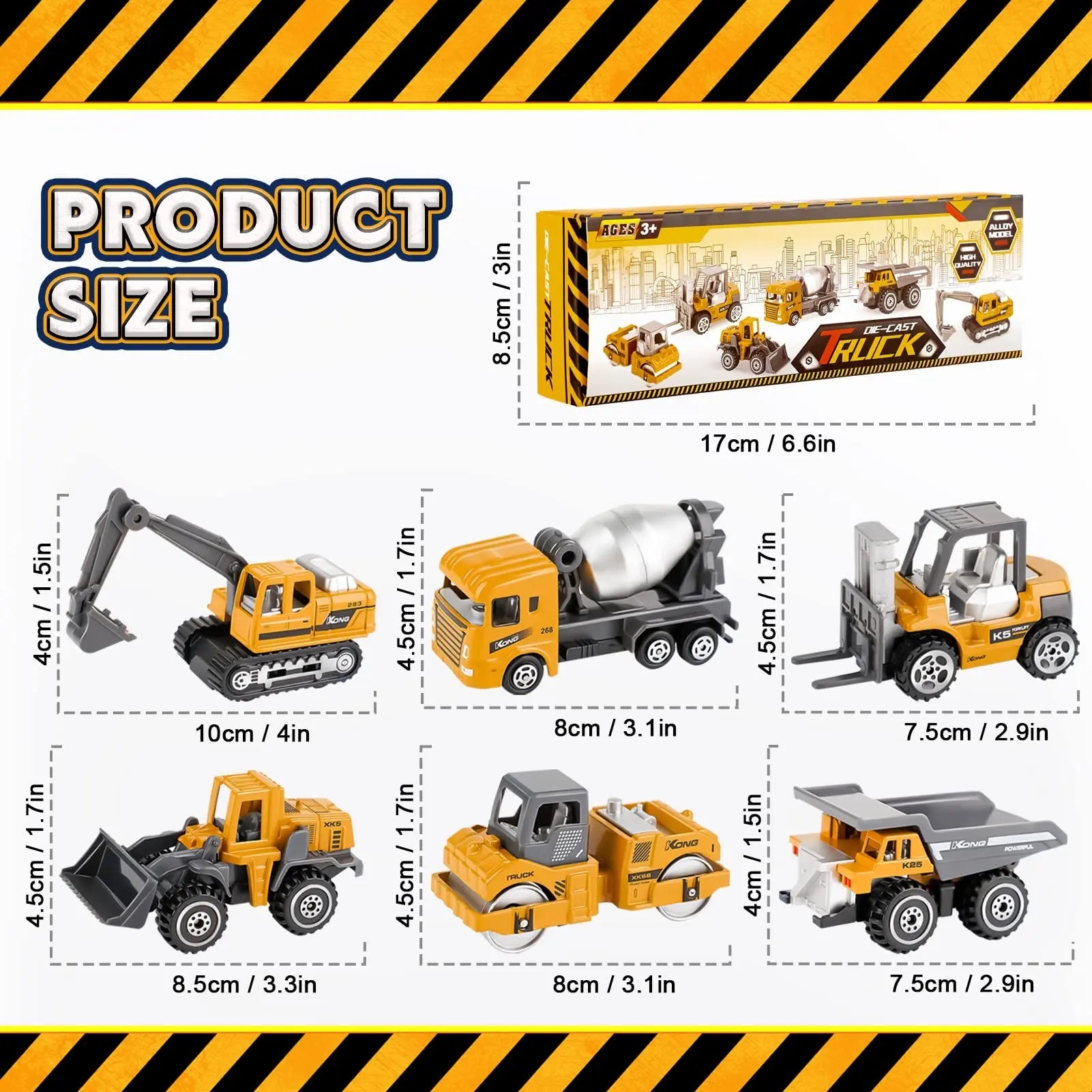 6-Pack Diecast Construction Trucks for Kids Ages 3+