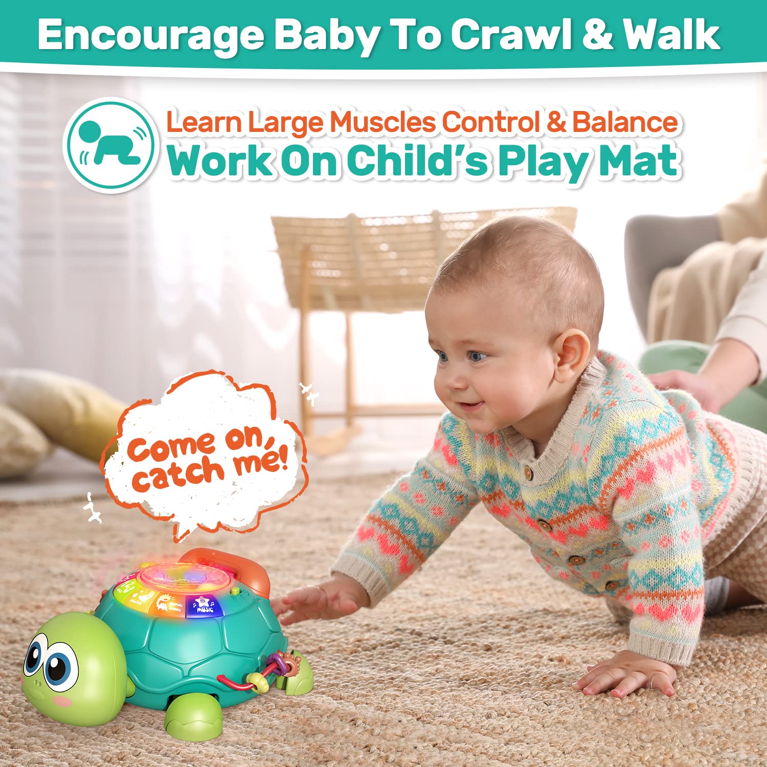 CUTE STONE Electric Action Toys, Baby Toys 6 to 12 Months, Musical Turtle Crawling Baby Toys for 12-18 Months, Early Learning Educational Toy with Light & Sound