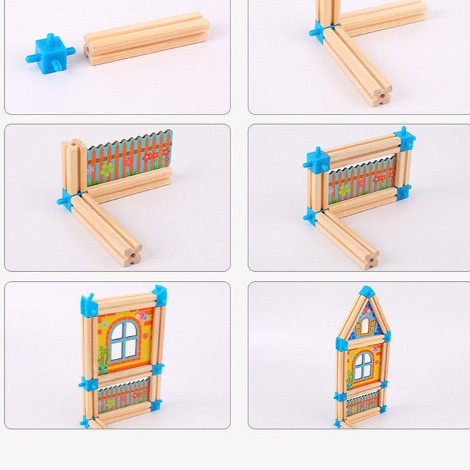128 Pieces Wooden House Building Game - Open Ended Wooden Toys