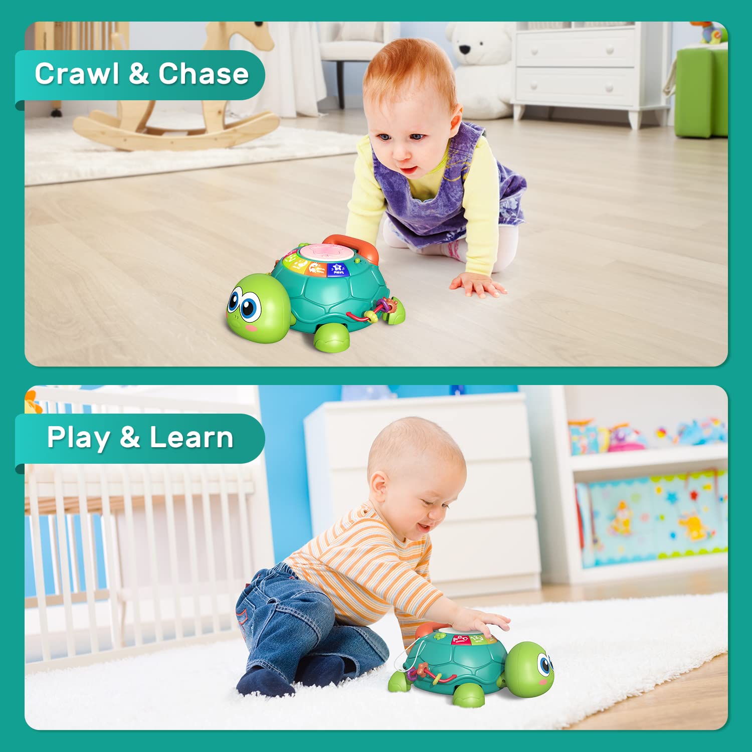 CUTE STONE Electric Action Toys, Baby Toys 6 to 12 Months, Musical Turtle Crawling Baby Toys for 12-18 Months, Early Learning Educational Toy with Light & Sound