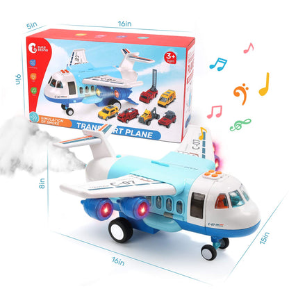 CUTE STONE Toy Airplanes, Toy Airplane with Smoke, Lights & Sounds, Friction Powered Plane Toy with Mini Cars for Kids