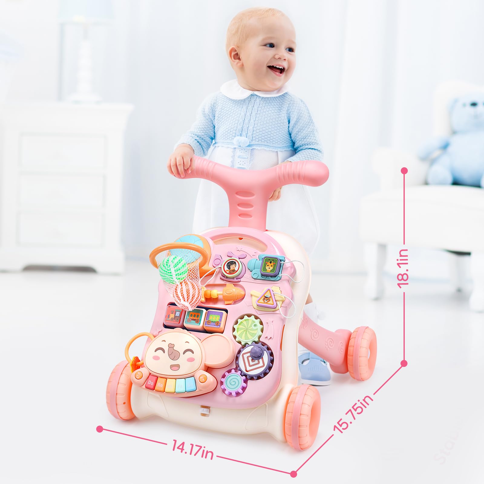 CUTE STONE Baby Walker for Girls, 2 in 1 Sit to Stand Learning Walker and Activity Center, Learning to Walk, Early Push Walking Toys for Toddler Infant