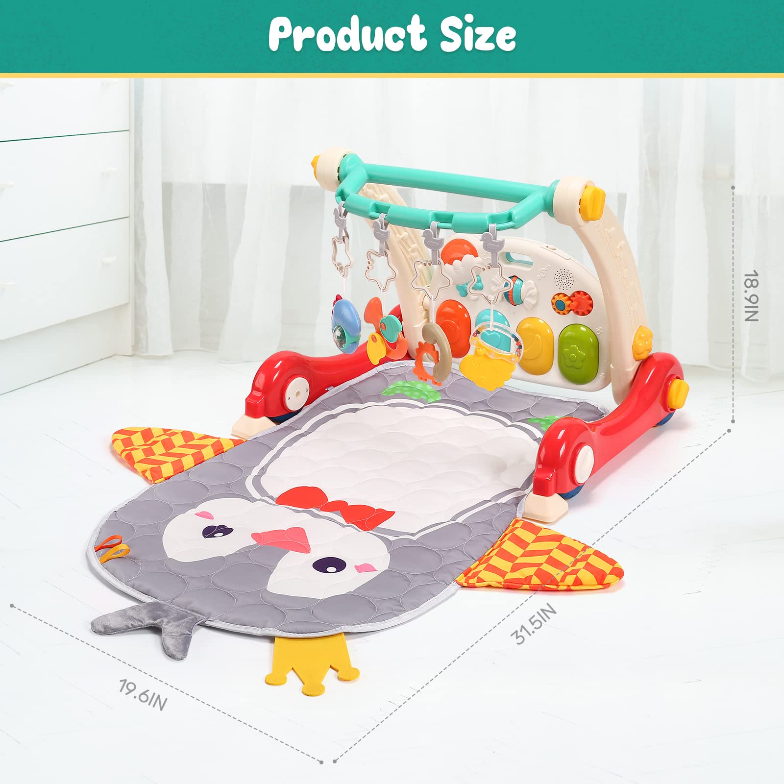 CUTE STONE Baby Gym Play Mat & Baby Learning Walker, Baby Activity Mat with Play Piano, Musical Activity Center with Lights