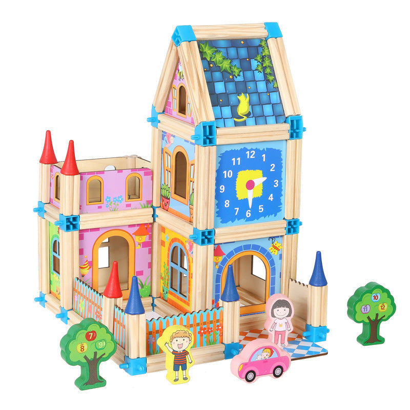 128 Pieces Wooden House Building Game - Open Ended Wooden Toys