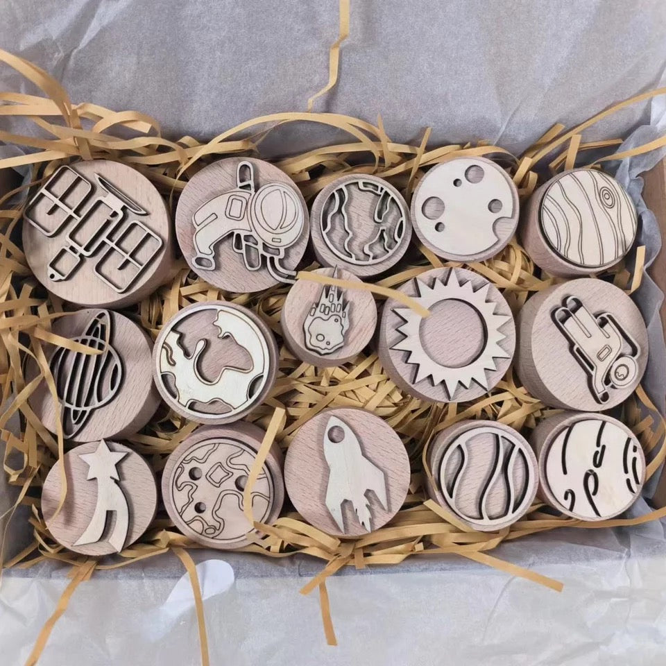 15 pcs Wooden Stamps Space Game- Fine motor skills toys