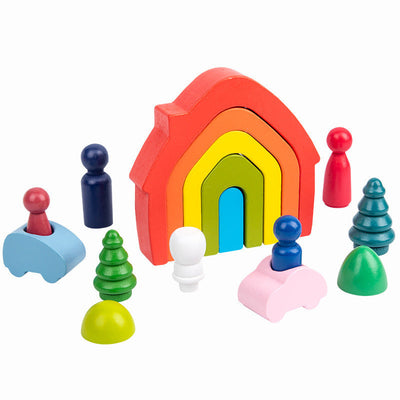 Open-Ended Play Set - Wooden House, Trees, People and Cars