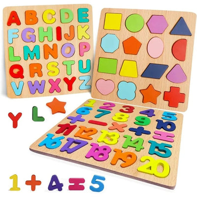 Fidtoy Wooden Alphabet, Numbers & Shapes Puzzle Set for Kids – Montessori Educational Toy for Early Learning