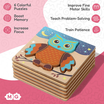 Fidtoy Wooden Toddler Puzzle Set – 6 Educational Puzzles for Kids 2+