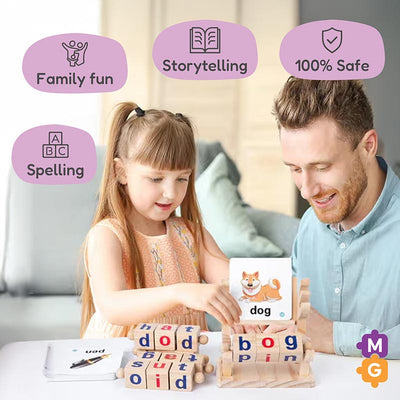 Fidtoy Montessori Spin and Spell Toy for Kids – Wooden Spelling Game for Early Reading Learning