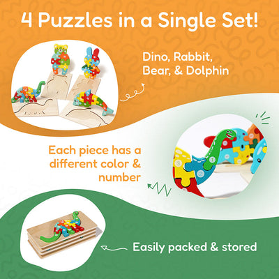 Fidtoy Juego de Rompecabezas de Madera de Animales para Niños Pequeños – Juguete de Rompecabezas de 4 Piezas para Niños con Formas a Juego