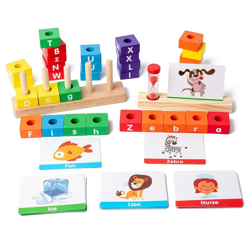 Five Pillars Spelling Game – Wooden Word Building Toy for Early Literacy and Language Development