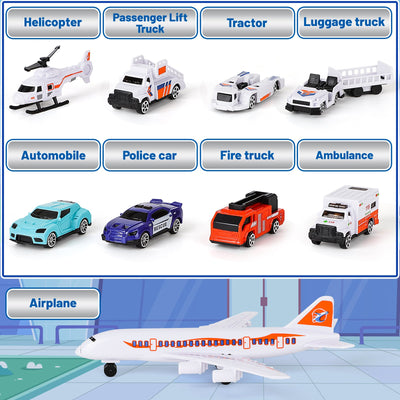 Interactive Aircraft Play Set for Kids with Big Battle Map Trucks aircraft tower and you get 2 airliners, 1 helicopter, aircraft trailer, aircraft lift, luggage truck, sports car, police car, ambulance and fire truck Military Toys for 3+