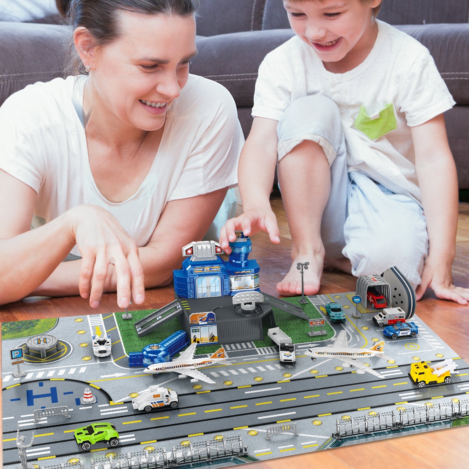 Interactive Aircraft Play Set for Kids with Big Battle Map Trucks aircraft tower and you get 2 airliners, 1 helicopter, aircraft trailer, aircraft lift, luggage truck, sports car, police car, ambulance and fire truck Military Toys for 3+