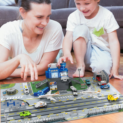 Interactive Aircraft Play Set for Kids with Big Battle Map Trucks aircraft tower and you get 2 airliners, 1 helicopter, aircraft trailer, aircraft lift, luggage truck, sports car, police car, ambulance and fire truck Military Toys for 3+