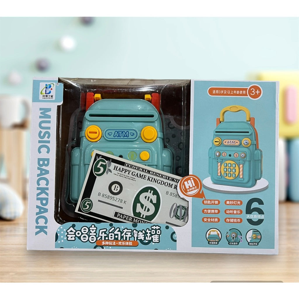 Fidtoy Kids Mini ATM Safe Box Backpack Shape Savings Bank Toy with Key Password Lock Music Blue or Pink for Children