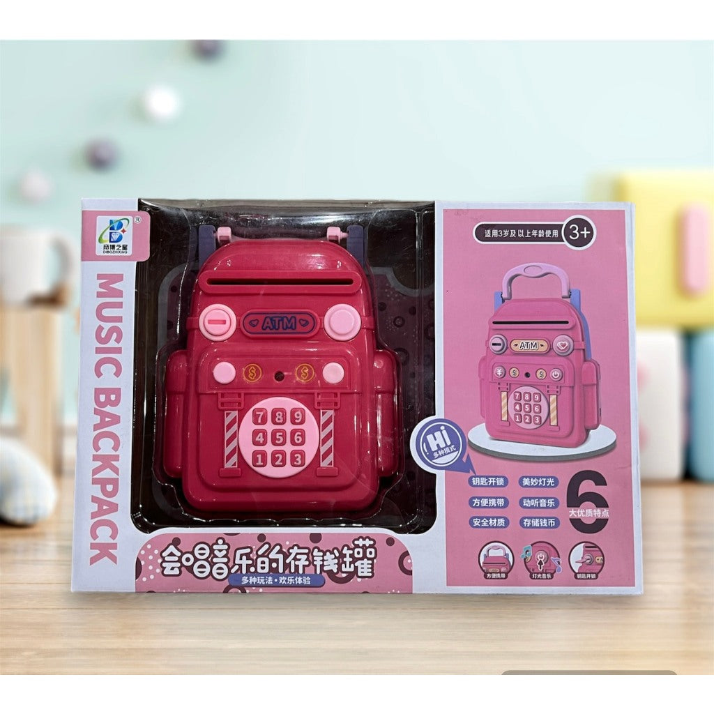 Fidtoy Kids Mini ATM Safe Box Backpack Shape Savings Bank Toy with Key Password Lock Music Blue or Pink for Children