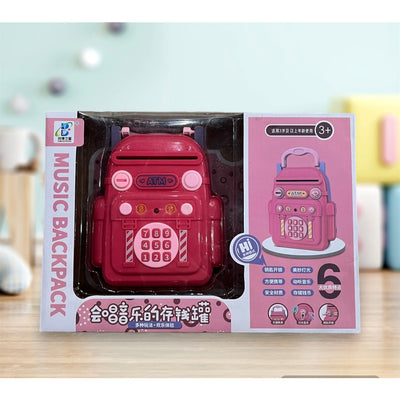 Fidtoy Kids Mini ATM Safe Box Backpack Shape Savings Bank Toy with Key Password Lock Music Blue or Pink for Children