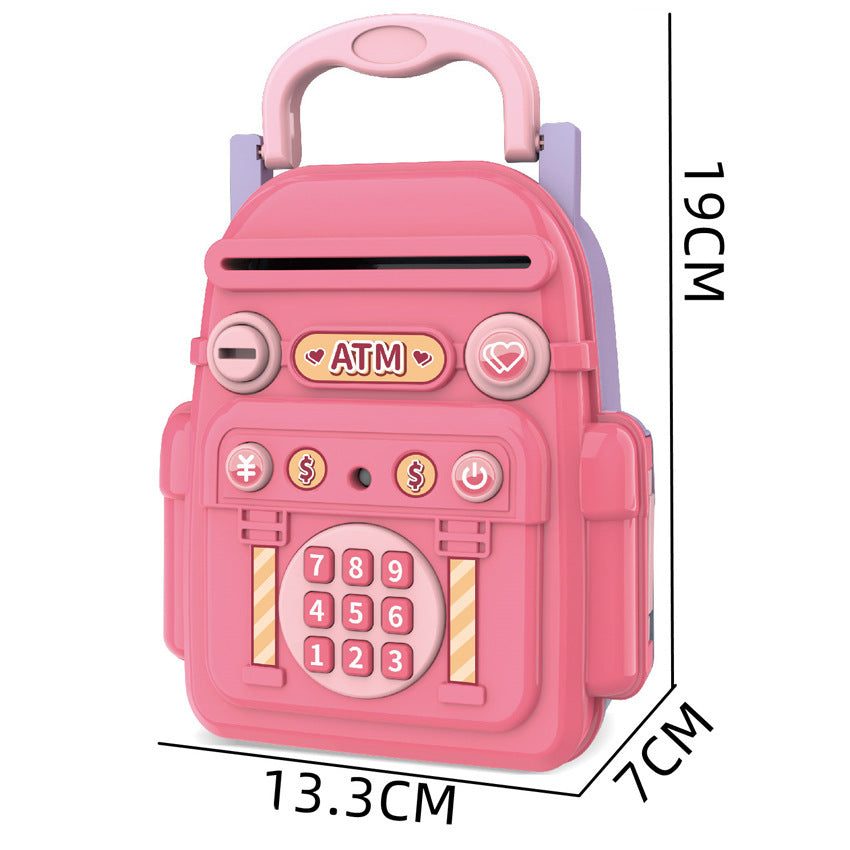 Fidtoy Kids Mini ATM Safe Box Backpack Shape Savings Bank Toy with Key Password Lock Music Blue or Pink for Children