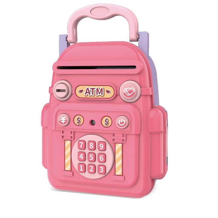 Fidtoy Kids Mini ATM Safe Box Backpack Shape Savings Bank Toy with Key Password Lock Music Blue or Pink for Children