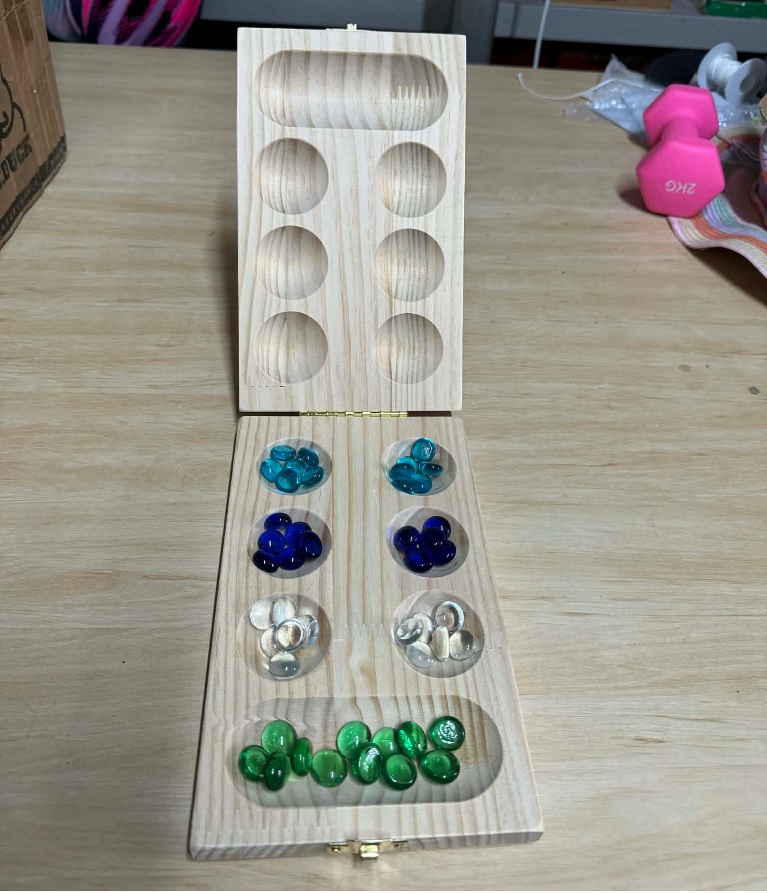 Large Wooden Mancala Portable Family Board Game Marble Pebble Shuffle Swap