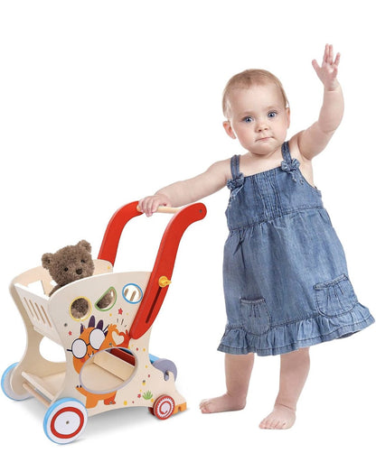 Wooden Multifunctional Shopping Cart – Pretend Play, Shape Sorting and Toy Storage for Toddlers and Preschoolers