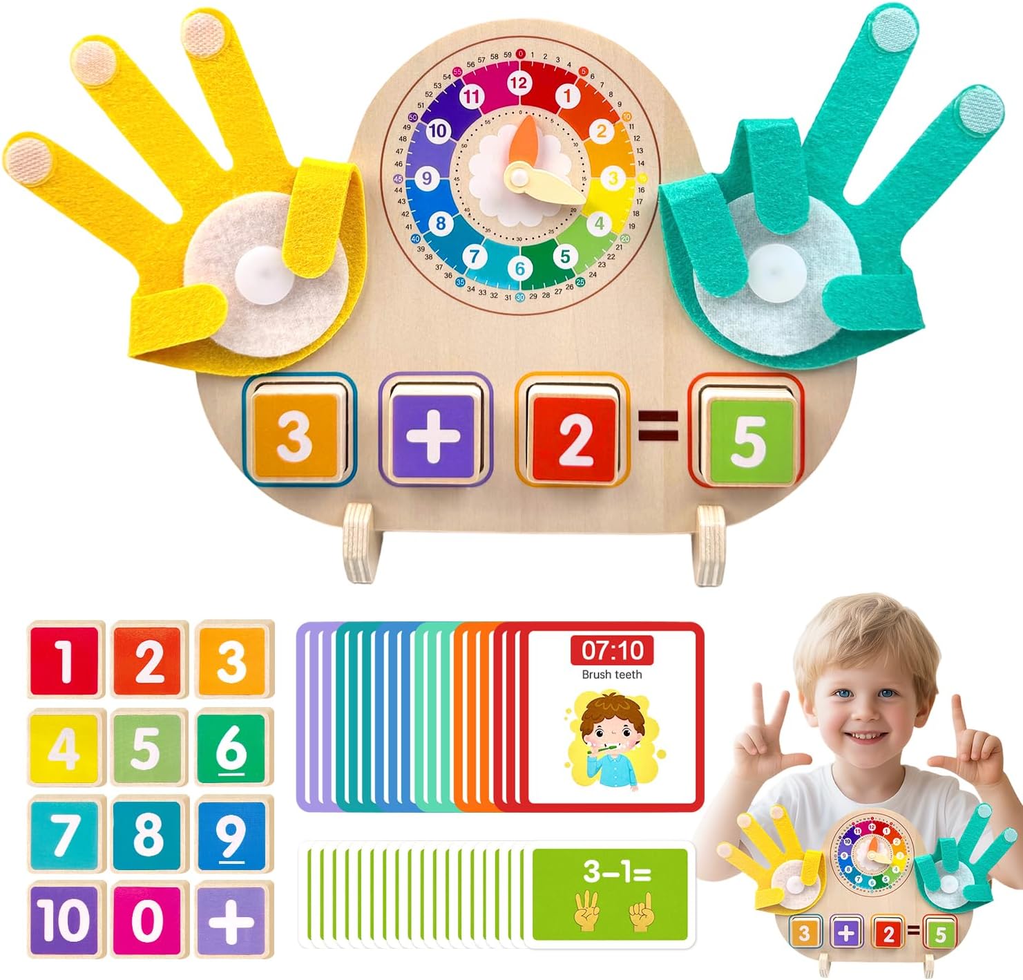 Montessori Math & Clock Learning Toy for Kids Ages 3-5, Wooden Educational Toy with Number Blocks, Counting Hands & Routine Cards – Learn Addition