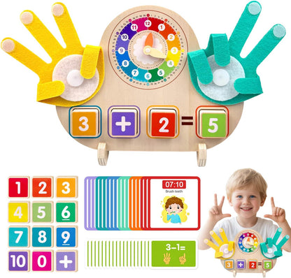 Montessori Math & Clock Learning Toy for Kids Ages 3-5, Wooden Educational Toy with Number Blocks, Counting Hands & Routine Cards – Learn Addition