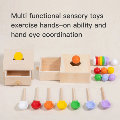 3-in-1 Montessori Object Permanence Box - Ball Drop, Coin Drop, and Color Sorting with Spoons