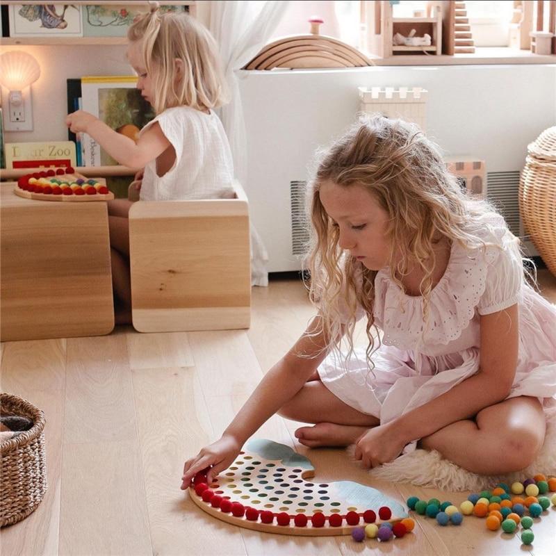 Fidtoy Montessori Pom Pom Rainbow Board Color Sorting Fine Motor Toy for Kids