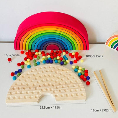 Fidtoy Montessori Pom Pom Rainbow Board Color Sorting Fine Motor Toy for Kids