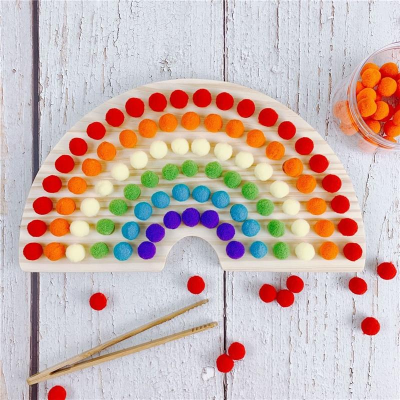 Fidtoy Montessori Pom Pom Rainbow Board Color Sorting Fine Motor Toy for Kids