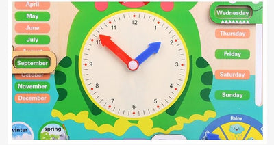 Jouets Horloge Grenouille Montessori en Bois pour Enfants, Calendrier d'apprentissage, Météo, Saisons, Heure, Semaine, Jouet Éducatif Précoce