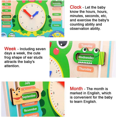 Jouets Horloge Grenouille Montessori en Bois pour Enfants, Calendrier d'apprentissage, Météo, Saisons, Heure, Semaine, Jouet Éducatif Précoce