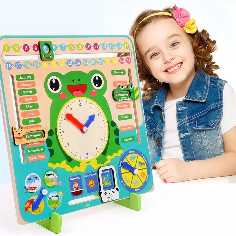 Jouets Horloge Grenouille Montessori en Bois pour Enfants, Calendrier d'apprentissage, Météo, Saisons, Heure, Semaine, Jouet Éducatif Précoce