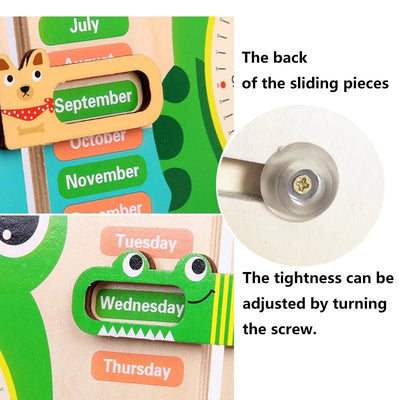 Jouets Horloge Grenouille Montessori en Bois pour Enfants, Calendrier d'apprentissage, Météo, Saisons, Heure, Semaine, Jouet Éducatif Précoce