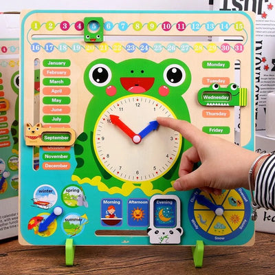 Jouets Horloge Grenouille Montessori en Bois pour Enfants, Calendrier d'apprentissage, Météo, Saisons, Heure, Semaine, Jouet Éducatif Précoce