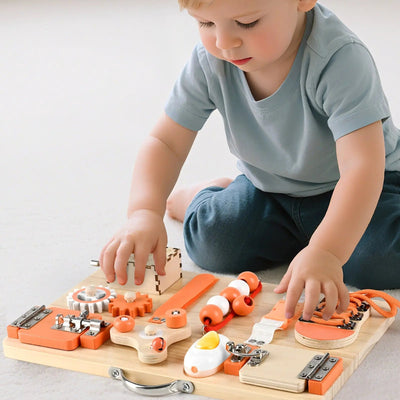 Tabla de actividades Montessori para niños pequeños - Juguete interactivo de madera para habilidades motoras finas