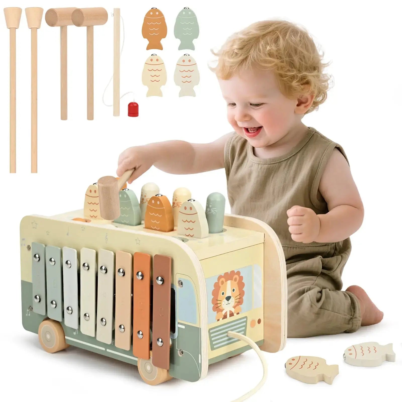 Fidtoy Montessori Hammering Toy 7-in-1 Wooden Activity Cube for Toddlers Musical Learning Toy