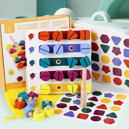 Montessori Wooden Screw Board | Rainbow Nut Shape Sorting and Matching Toy