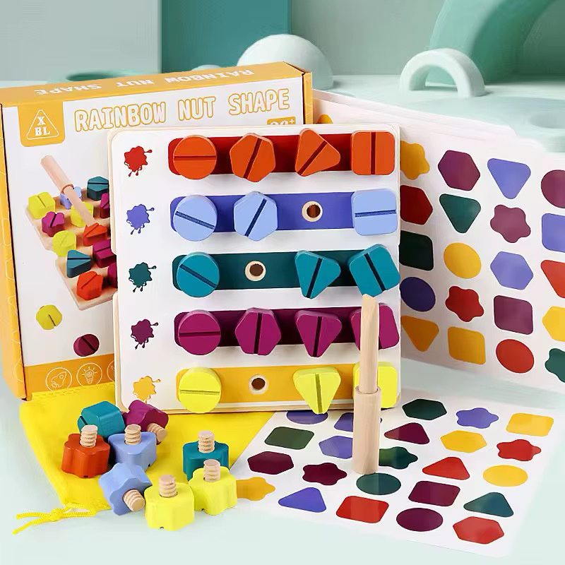 Montessori Wooden Screw Board | Rainbow Nut Shape Sorting and Matching Toy