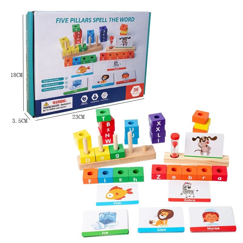Five Pillars Spelling Game – Wooden Word Building Toy for Early Literacy and Language Development