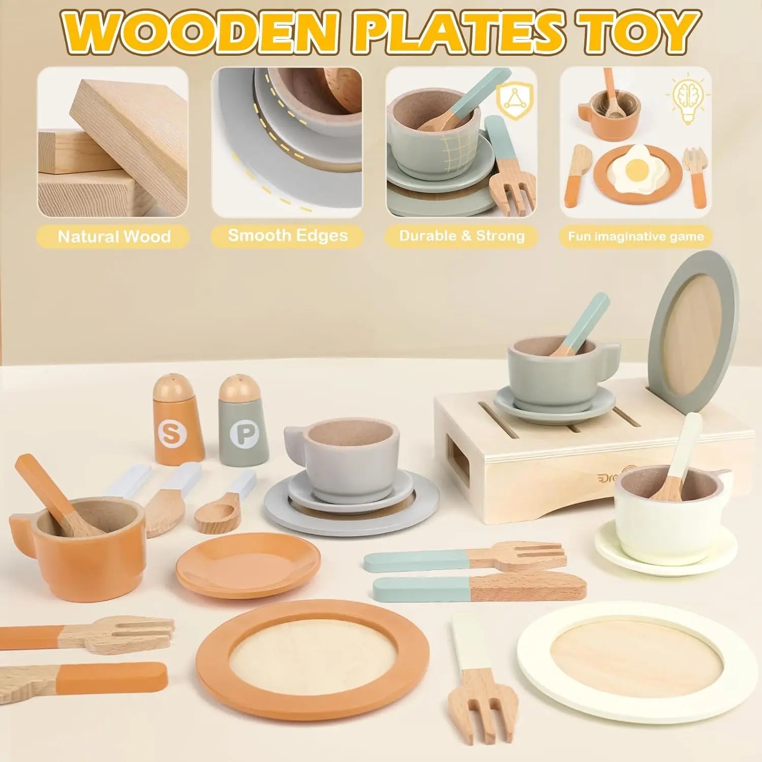 Dishes and Plates - Wooden Kitchen Play Toys for 12M - 6Y