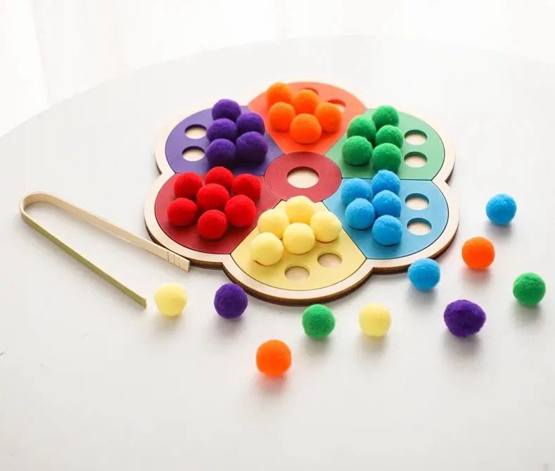 Flower-Shaped Color Sorting Board With Pom Pom Activity – Fine Motor Skill Activity