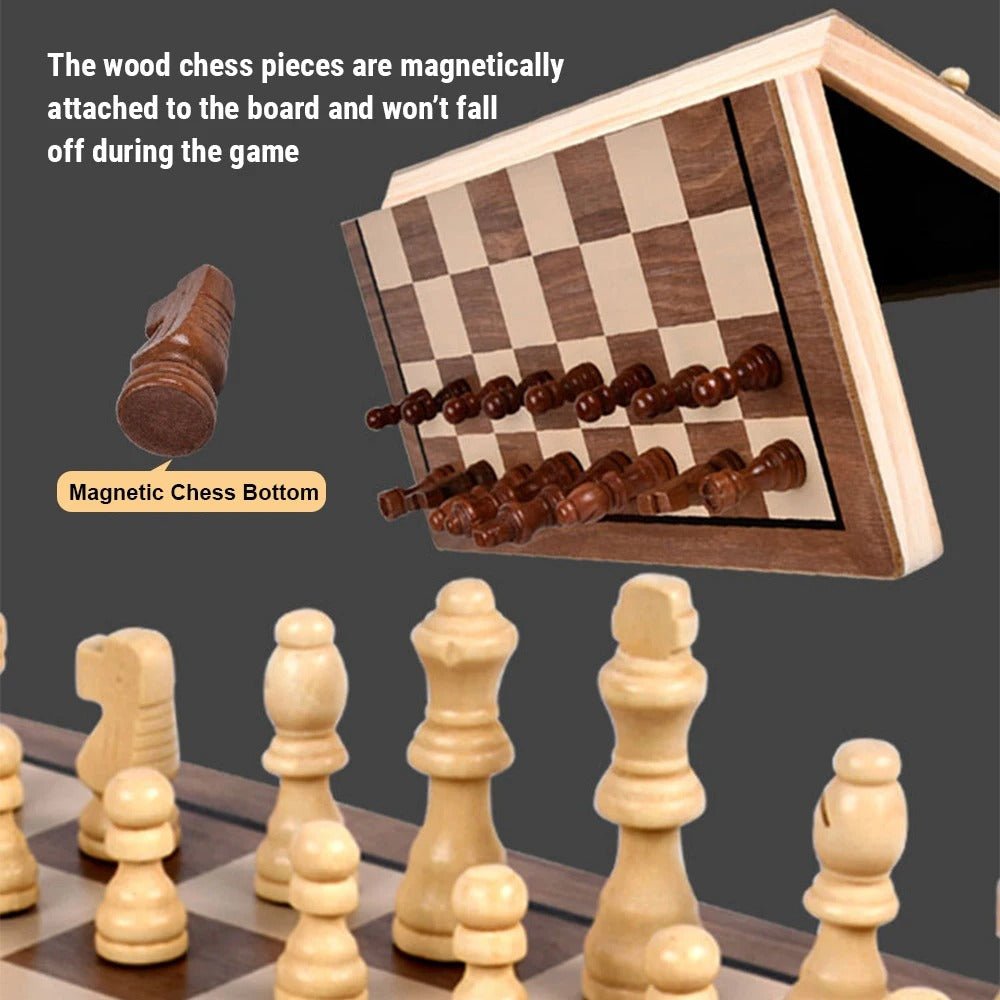 Premium Classic Wooden Chess & Checkers Set - Magnetic 2 in 1 Wooden Chess & Checkers Set